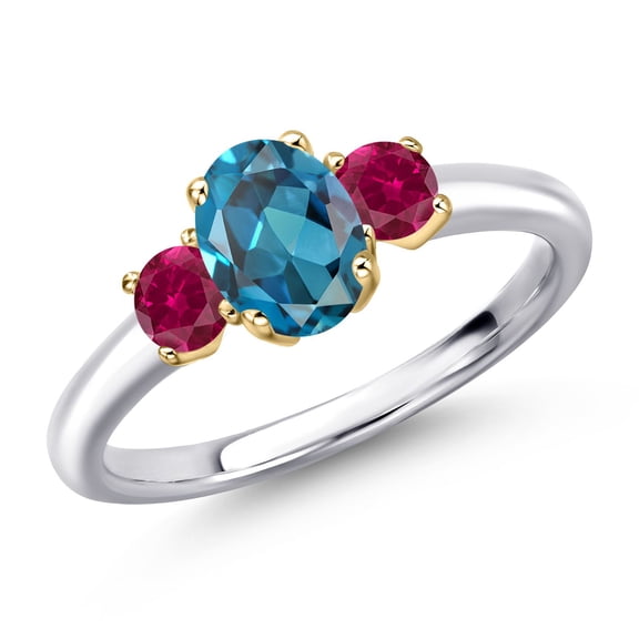 Gem Stone King 925 Silver and 10K Yellow Gold London Blue Topaz and Red Created Ruby Engagement Ring for Women | 1.50 Cttw | Oval 7X5MM | Gemstone November Birthstone | Size 9