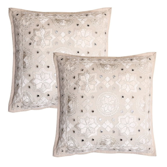 Stylo Culture Indian Couch Throw Pillow Covers 16 x 16 Embroidered Off White Bohemian 40x40 cm Lounge Decor Cotton Mirrored Square Cushion Covers | Set Of 2
