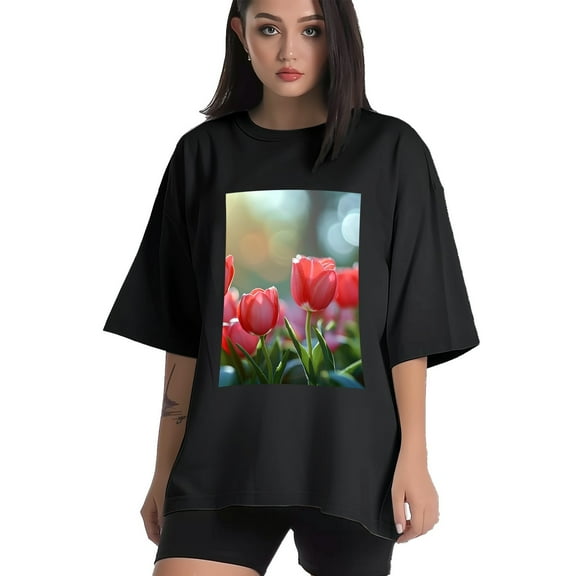 Plus Size Shirt for Women Black Tops for Women Short Sleeves Shirt for Women Tulip Flower T Shirt Crewneck Shirt for Women XS