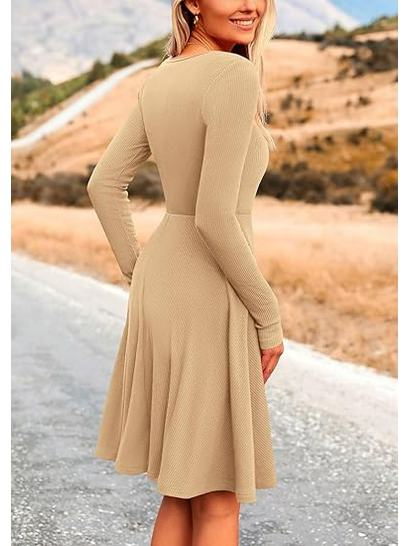 Prettygarden Women's Spring Fall Short Dress Ribbed Knit Crewneck Long Sleeve A Line Flowy Casual Elegant Going Out Dresses, Size: Medium, Beige