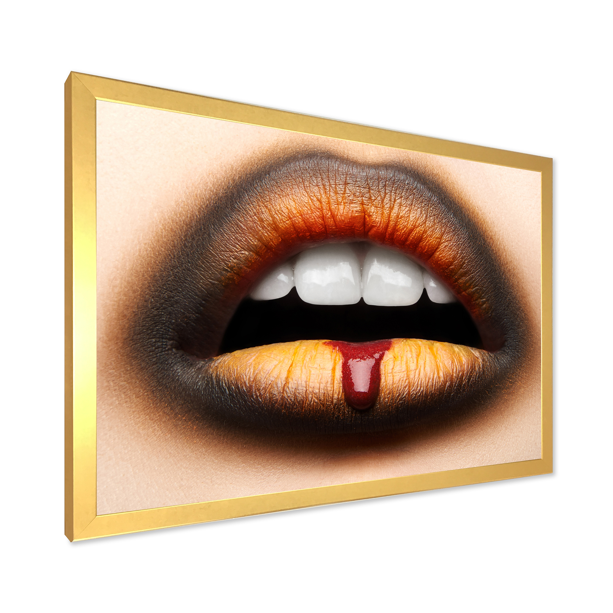 Designart 'Woman Lips With Black & Orange Lipstick' Modern Framed Art Print