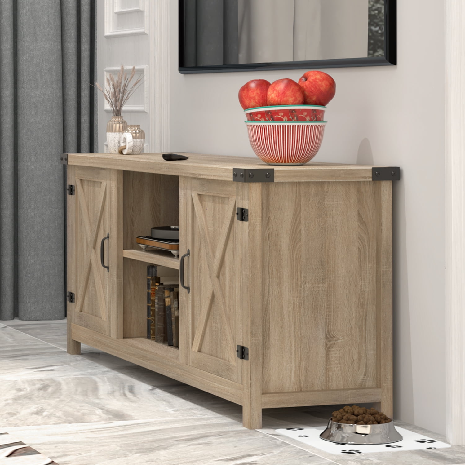 Furmax Barn Door TV Stand Media Console Center Industrial Style for TVs up to 65", Rustic Wood