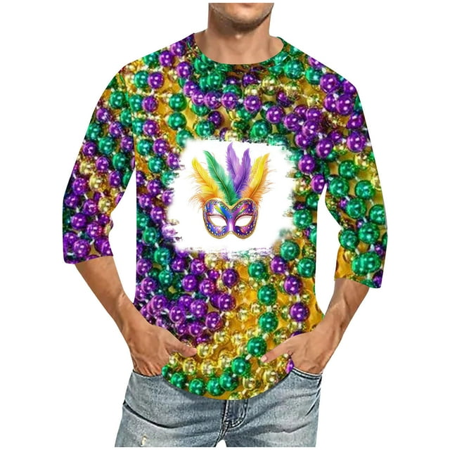 TIMIFIS 3/4 Chemises à Manches pour Hommes, Hauts Mardi Gras, Grande Taille, T-Shirts de Fête, Hauts Décontractés, Imprimés de Carnaval, Col Rond, Blouses