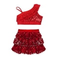 thumbnail image 4 of iEFiEL Kids Girls Dance Outfit Asymmetrical Sequins Crop Top with Tiered Ruffle Skirted Shorts Culottes Dancewear Red 6, 4 of 5