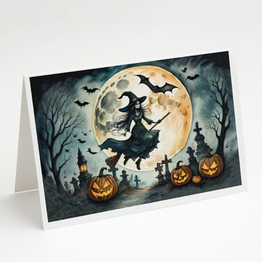 Flying Witch Spooky Halloween Greeting Cards and Envelopes Pack of 8 7 in x 5 in