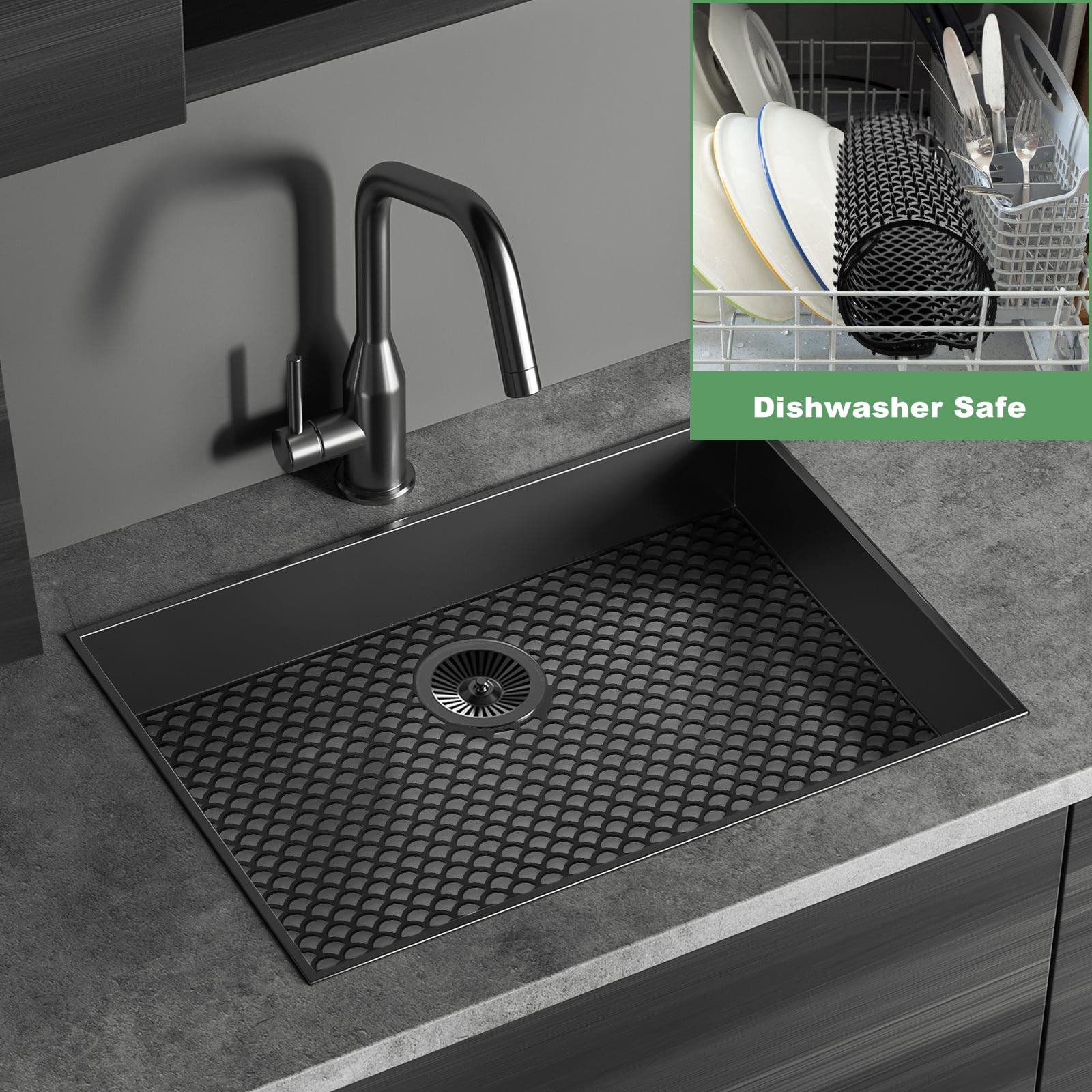 Sink Protectors for Kitchen Sink - Large 28.4"x 15" with Rear Drain Hole Heat Resistant Easy Clean Non-slip Silicone Drying Kitchen Sink Mat for Bottom of Kitchen Sink Stainless Steel(Black)-72x38CM