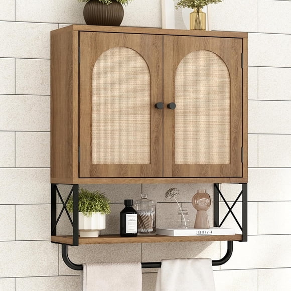 Rattan Bathroom Wall Cabinet, Boho Over The Toilet Storage Cabinet with Arched Rattan Doors, Modern Medicine Cabinet with Adjustable Shelves & Towel Bar(Rustic Oak,Medium)