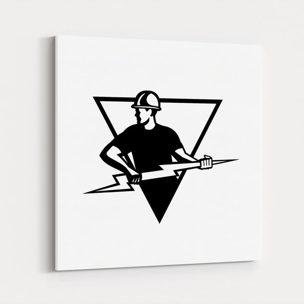 Power Lineman With Thunderbolt Triangle Black And White 16 X Canvas Wall Art Com - Electrical Lineman Home Decor