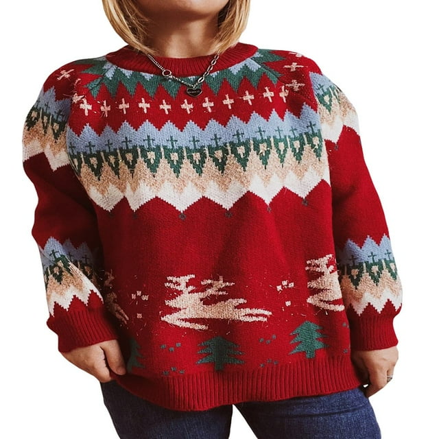 Chandail de Noël pour Femmes en Tricot, Chandail à Manches Longues, Col Rond, Orignal, Hauts d'Hiver