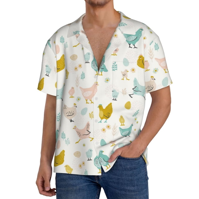 Fotbe Chicken Camisa Estampada de Manga Corta para Hombre, Casual de Verano, Estilo Playero, Sin Arrugas-X-Large