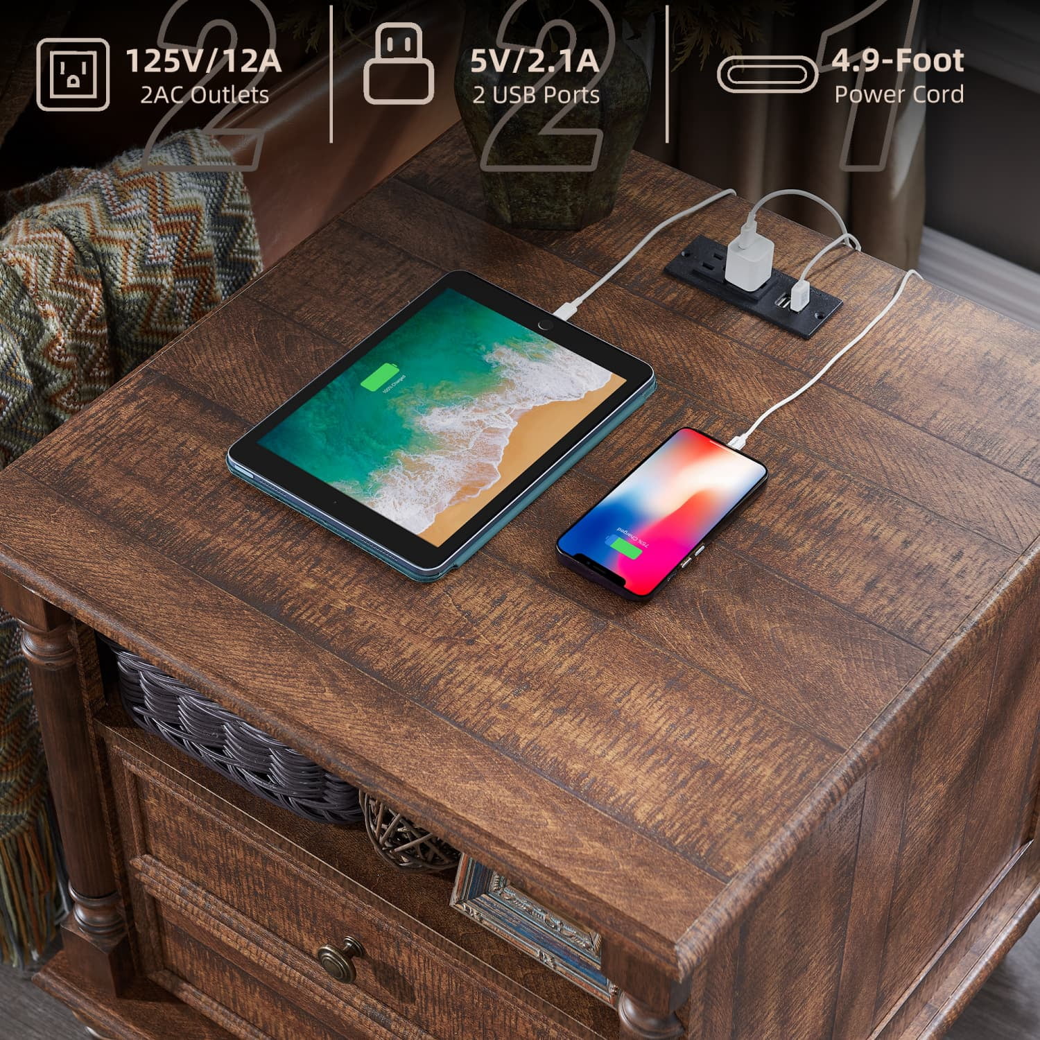 OKD Farmhouse Nightstand, 3 Drawer Wood Side Table with Charging Station for Bedroom, Living Room, Reclaimed Barnwood