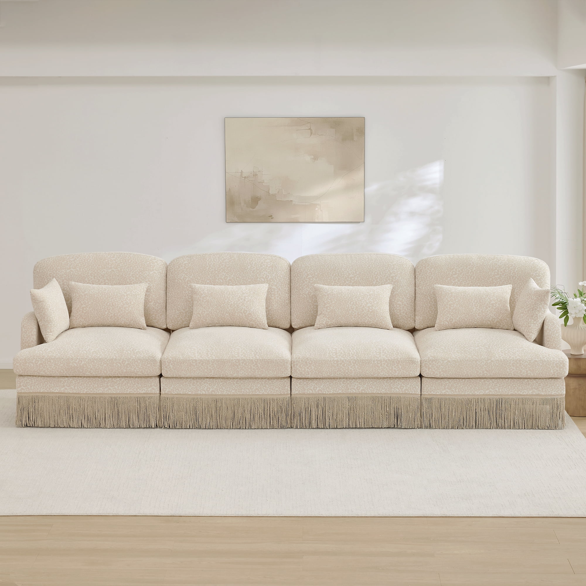 NEW 131" Comfy Chenille Leopard Print 4-Seater Modular Sectional Sofa, Tassel Edge, Ergonomic Design, Easy Assembly, Deep Seat, Beige Coffee