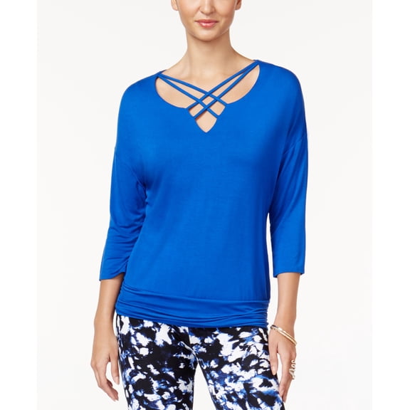 NEW Women's Thalia Sodi 3/4-sleeves Lattice-Trim Top Blue Size Medium
