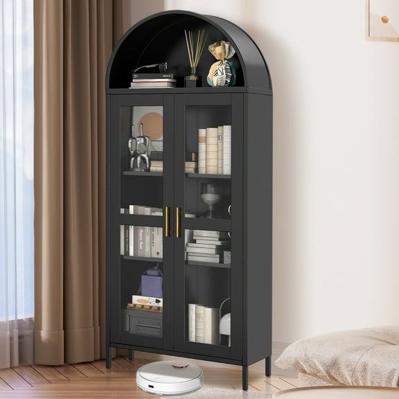 73" Arched Metal Storage Cabinet, Kitchen Pantry Cabinet with Glass Door, 2 Adjustable Shelves,Modern Farmhouse Display Bookshelf ,Freestanding Display Cabinet for Living/Dinning Room Black