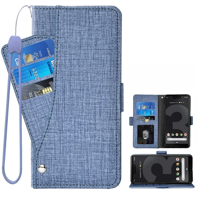 Compatible avec Google Pixel 3 Étui Portefeuille en Cuir à Rabat Porte-Cartes Support Accessoires pour Cellulaire Porte-Monnaie Fente pour Pièce d'Identité de Crédit Étuis de Téléphone pour Pixel1 Femmes Hommes Bleu