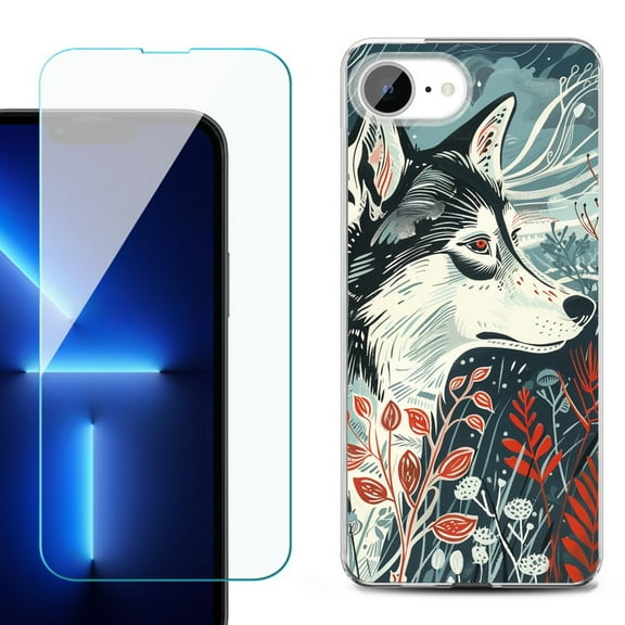 For For iPhone 16e Phone Case Cover, Shockproof Case with Tempered Glass Screen Protector, by OneToughShield - Calm Husky