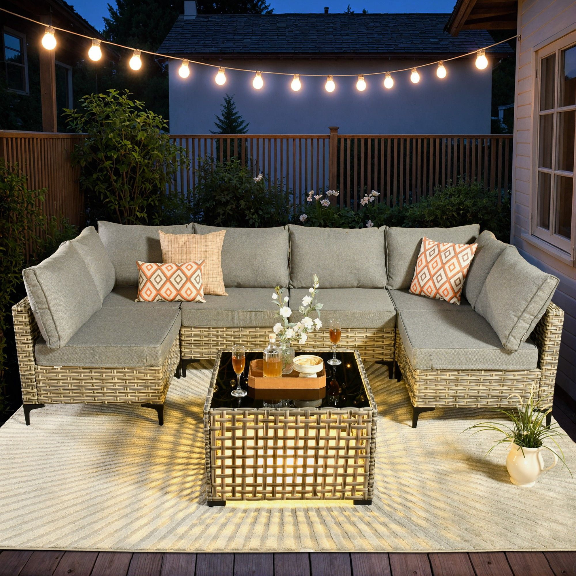 Ovios 7 Pieces Outdoor Patio Furniture Wicker Conversation Sectional with Solar Lamps Coffee Table for Backyard
