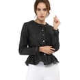 thumbnail image 2 of Chaqueta de mezclilla con cuello redondo y botones de manga larga con volante recortado y peplum para mujer Negro XL, 2 of 6
