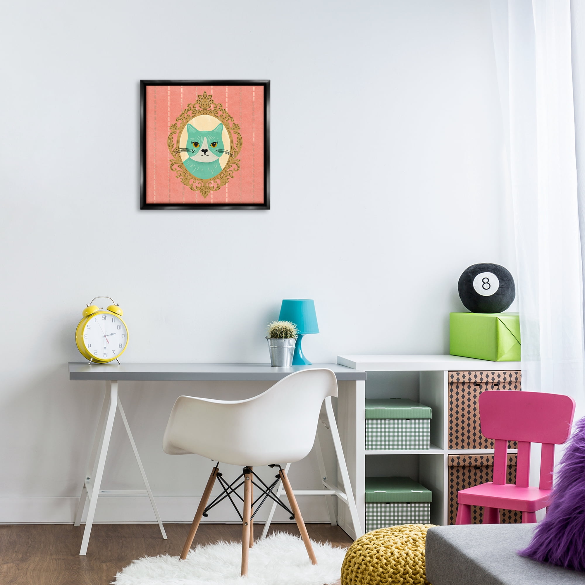 Stupell Industries Green Cat Portrait Animals Painting Black Floater Framed Canvas Art Print Wall Art, 18 x 18