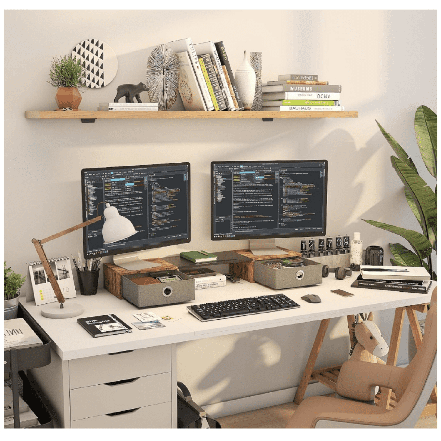 Dual Monitor Staniser with Two Drawers, Extra Large Storage for 2 Monitors, Desktop Oraganizer Computer,Laptop,Screen,Printer,TV
