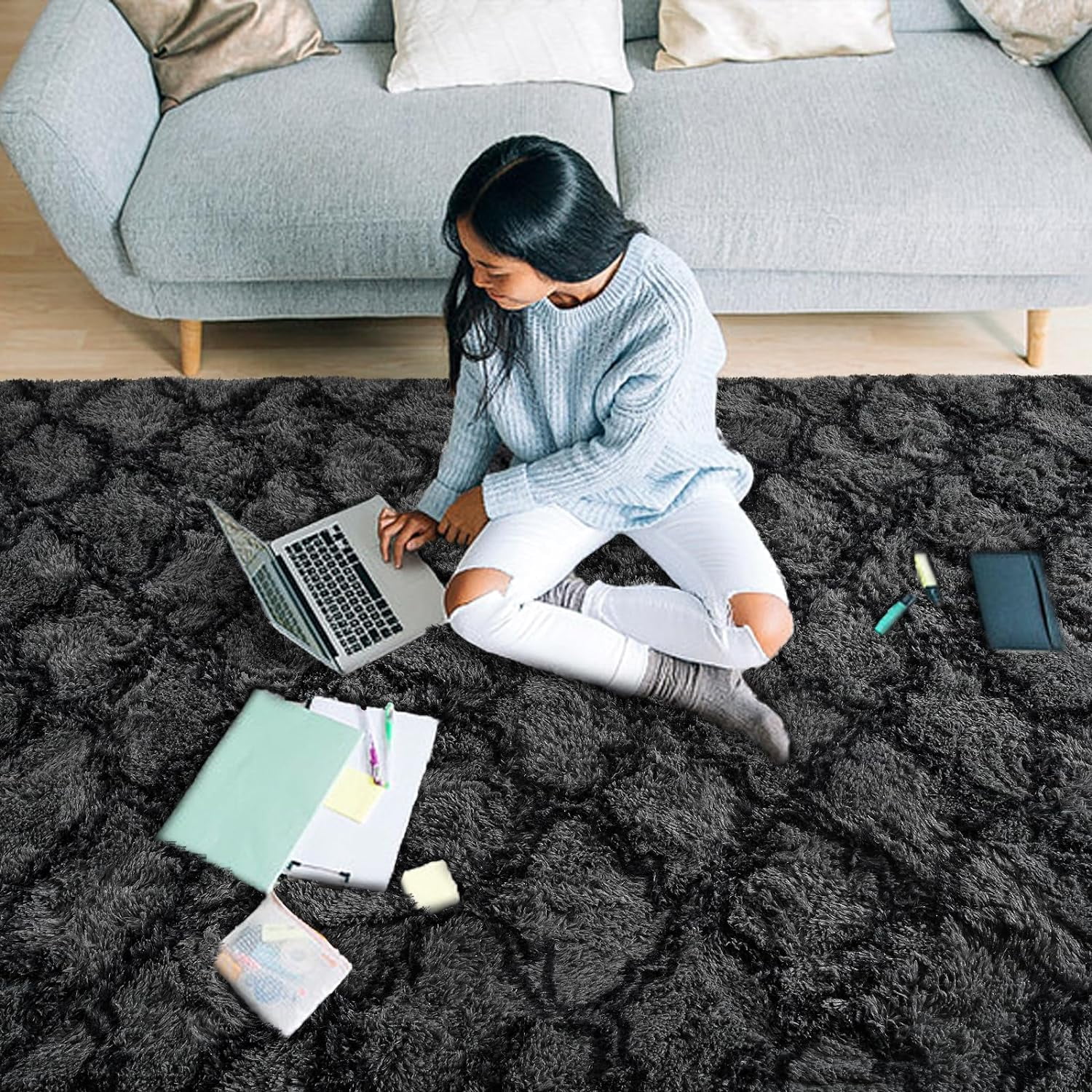 Junovo Shaggy Soft Rugs Bedroom Living Room Flully Carpet Home Decor Rug,8'x10',Dark Grey/Black