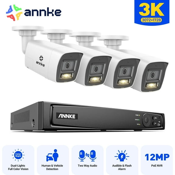 ANNKE 3K POE Color Security Camera System 2-Way Audio 8CH 12MP NVR Audible Alarm, Smart Dual Light, Audible Alarm, Color Night Vision, IP67 Waterproof, NO HDD