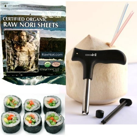 CocoDrill Coconut Opener + 50 Raw Organic Nori Sheets COMBO - Open Young Coco Water + Sushi Roll Paper Wraps