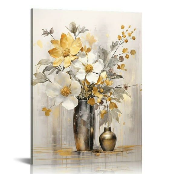 EastSmooth Flower Picture Decor Wall Art White and Gray Floral with Gold for Bedroom Bathroom Walls Decoration, Canvas Framed