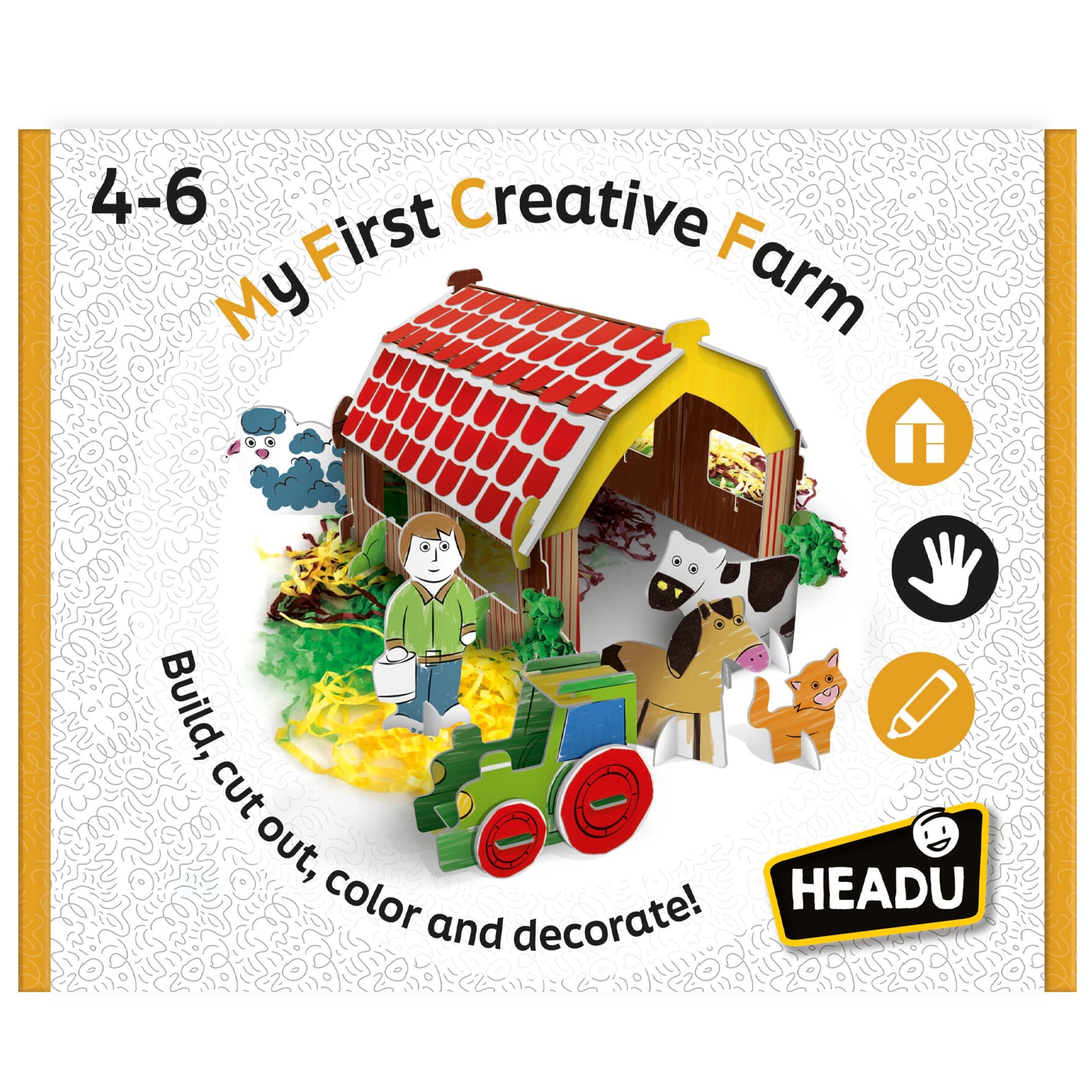 Headu: My First Creative Farm - Build-Color-Decorate a 3D Farm Scene, Barn-Animals-Farmers Cut-Out Pieces, DIY Tactile Storytelling Crafting, Kids 4+