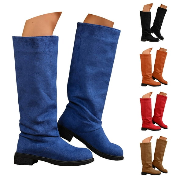 Dakaela Knee High Boots Women Round Toe Pull on Suede Slouch Winter Shoes Low Heel Western Riding Tall Long Boot Black 5.5