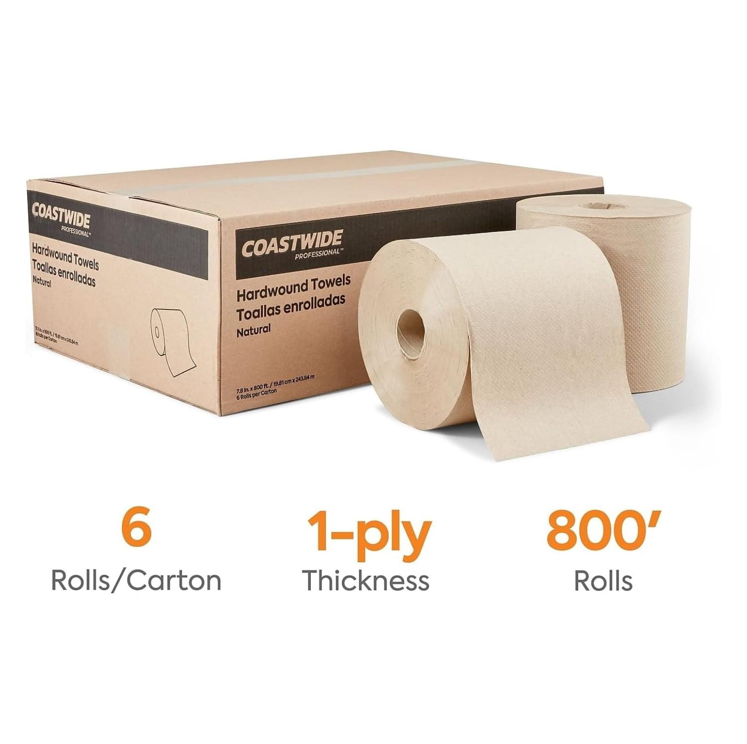 COASTWIDE 1-Ply Hardwound Paper Towels, 800 Feet Per Roll, 6-Pack, Natural