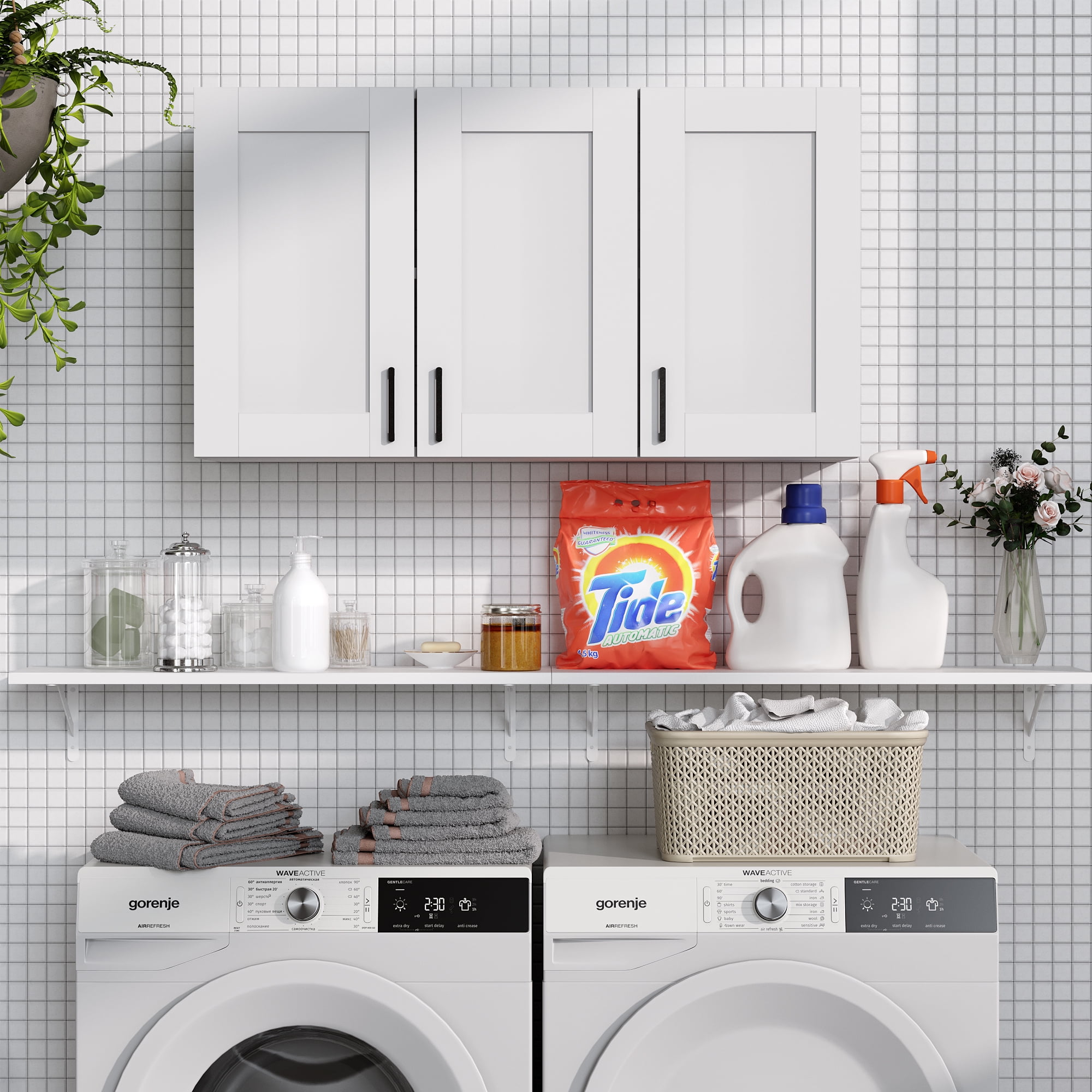 Fddevelop White Wood Laundry Room Wall Cabinet with 3 DoorS and Adjustable Shelf 35.4"W