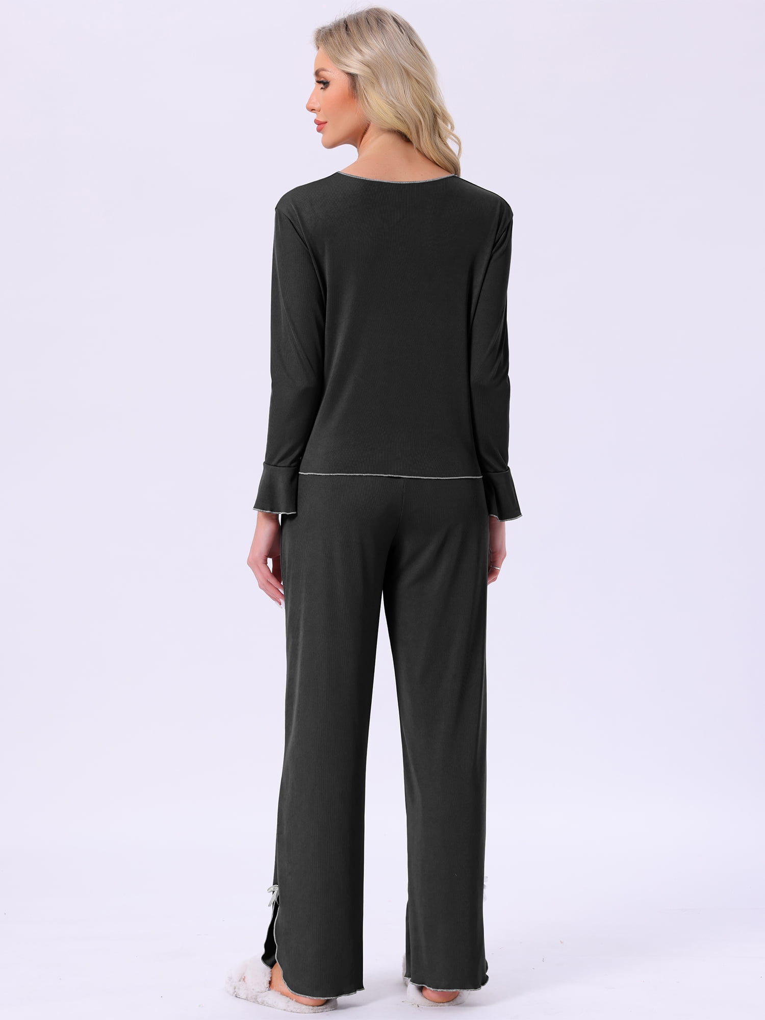 DARING DIVA Long Sleeve Side Bow Button Down Ruffle Hem Pajama Set L Black