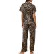 thumbnail image 3 of Conjunto de pijama de satén para mujer INSPIRE CHIC, top de manga corta y pantalones de seda con flores, 2 piezas, color marrón, 3 of 6