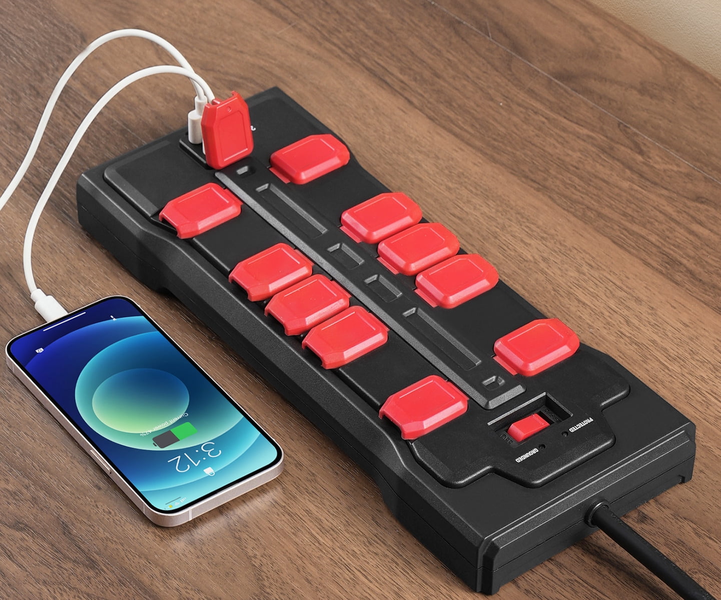 Hyper Tough Surge Protector Power Strip with Usb, 10 Safety Outlets, 10ft Extension Cord, Black/Red