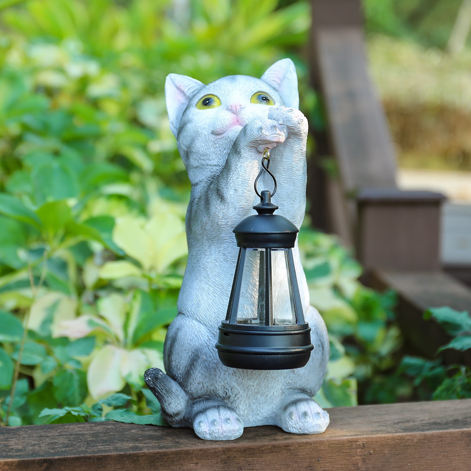 Solar Garden Outdoor Statues Cat with Solar Lantern,Outdoor Cat Figurines Decorations,Lawn Decor Rabbit Statue for Patio, Balcony, Yard Ornament,Unique Housewarming and Birthdays Gifts for Mom Women