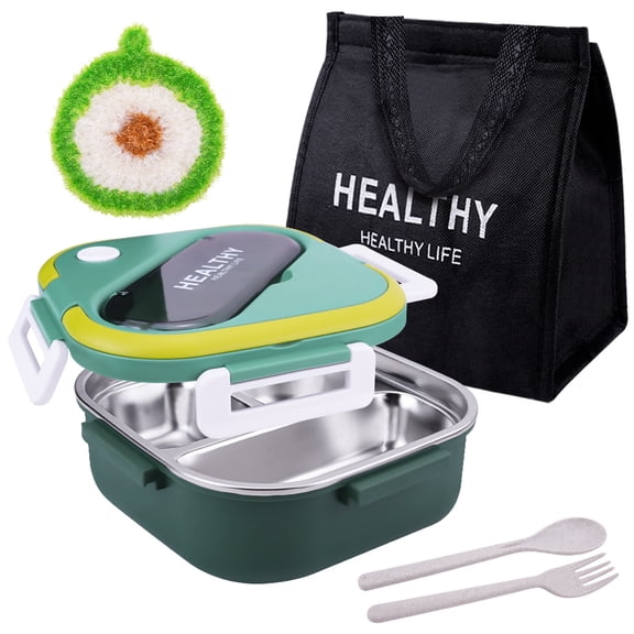 Stainless Steel Lunch Box, Stackable Bento Box for Adults with 3 Compartments, Leak-Proof Snack Boxes Container with Utensil for Adults Sandwich, Sauce (Green)