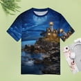 thumbnail image 4 of Lighthouse Sunrise Coast Scenery Pale Blue Tan Womens Tops Women's Fashion Casual Short Sleeve Flower Print Round Neck Pullover Top Blouse, 4 of 6