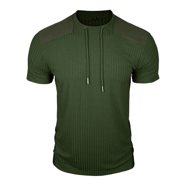 Mens Casual Manga Corta Botón Abajo Camisas Cuello Redondo Sólida Camisa de Parche para Al Aire Libre, Casual, Uso Diario