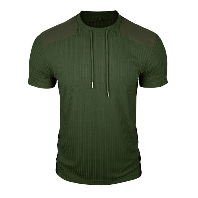 Mens Casual Manga Corta Botón Abajo Camisas Cuello Redondo Sólida Camisa de Parche para Al Aire Libre, Casual, Uso Diario
