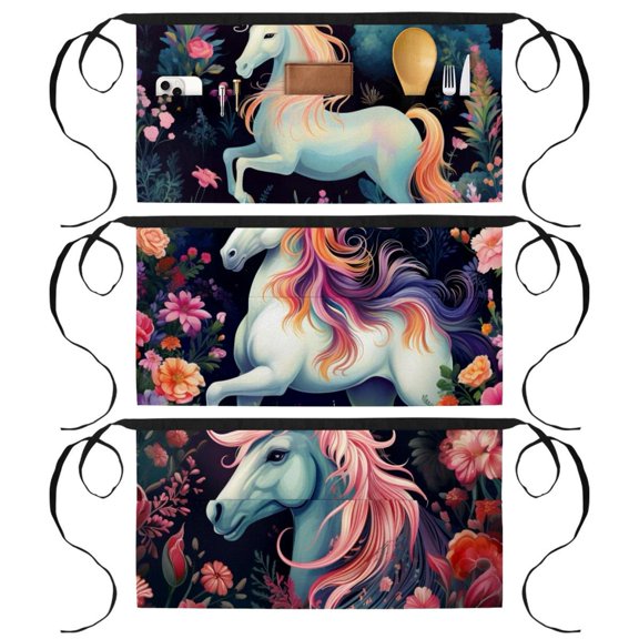 3 Pack Unicorn Server Waist Aprons, Waitress Kitchen Restaurant Half Apron for Men Women with 3 Pockets
