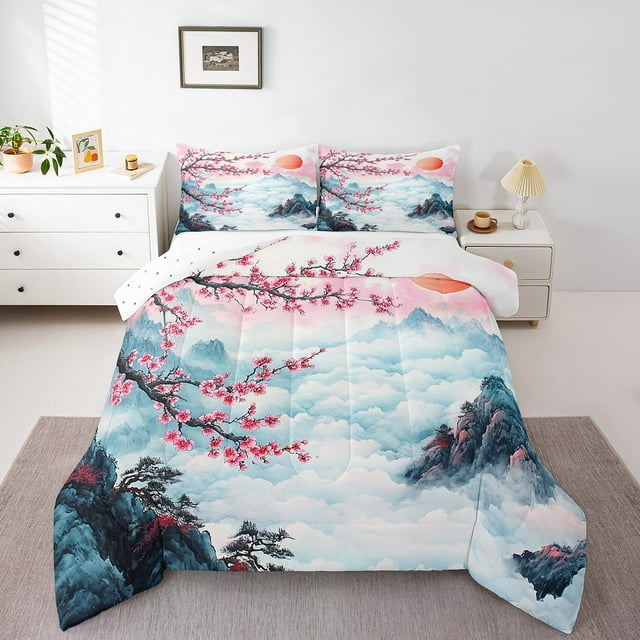 Erosebridal Ensembles de Couette Style Japonais Dessin Animé Format Simple, Couettes et Duvets Fleurs de Cerisier, Réversible 2 Pcs