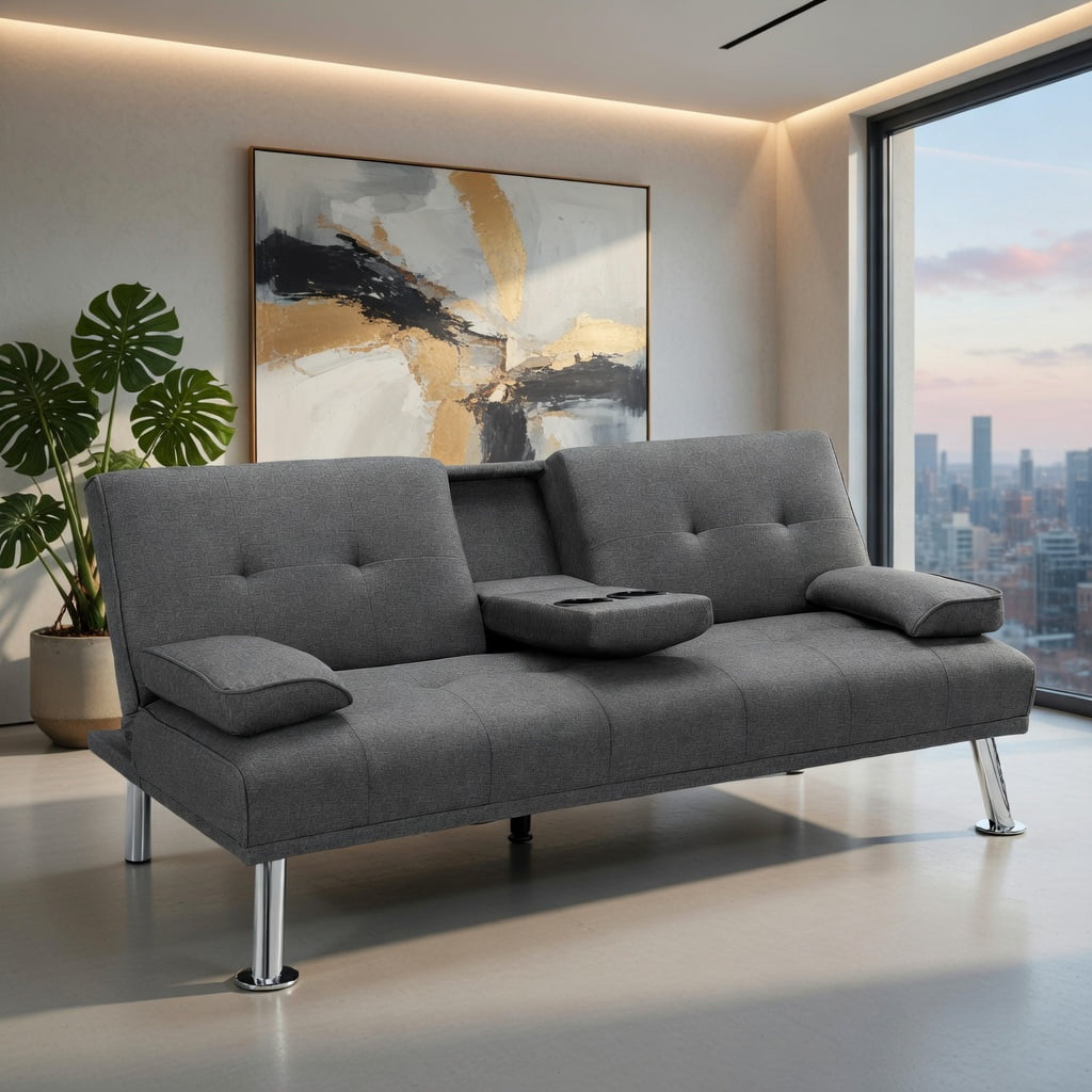 Demi Bonn Fold Sofa Bed Couch, Futon Sleeper Chair Guest Bed and Fold Out Couch, Convertible Folding Futon Sofa Bed Fabric with 2 Cup Holders, for Living Room, Bedroom, Dark Gray