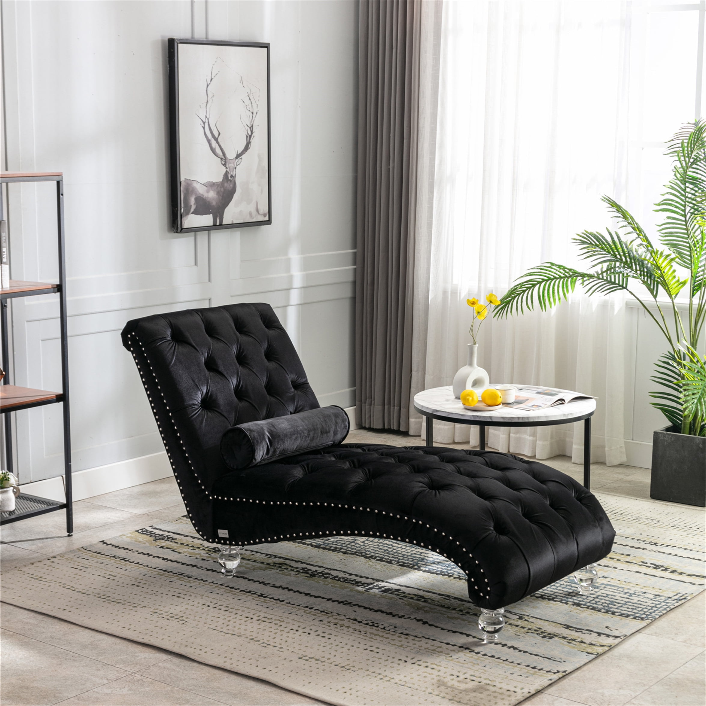 Aukfa Velvet Chaise Lounge ButtonTufted Leisure Sofa with Bolster