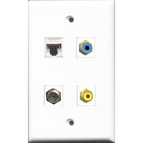 RiteAV 1 Port RCA Yellow and 1 Port RCA Blue and 1 Port Coax Cable TV- F-Type and 1 Port Cat5e Ethernet White Wall Plate