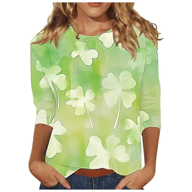 Diufon T-Shirts de la Saint-Patrick pour Femmes Décontractés Grande Taille Imprimé Trèfle Manches 3/4 Col Rond