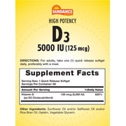 D3 5,000 IU (125 mcg) | 60 Quick Release Softgels | High Potency Essential Vitamin Supplement | Non-GMO and Gluten Free | By Sundance