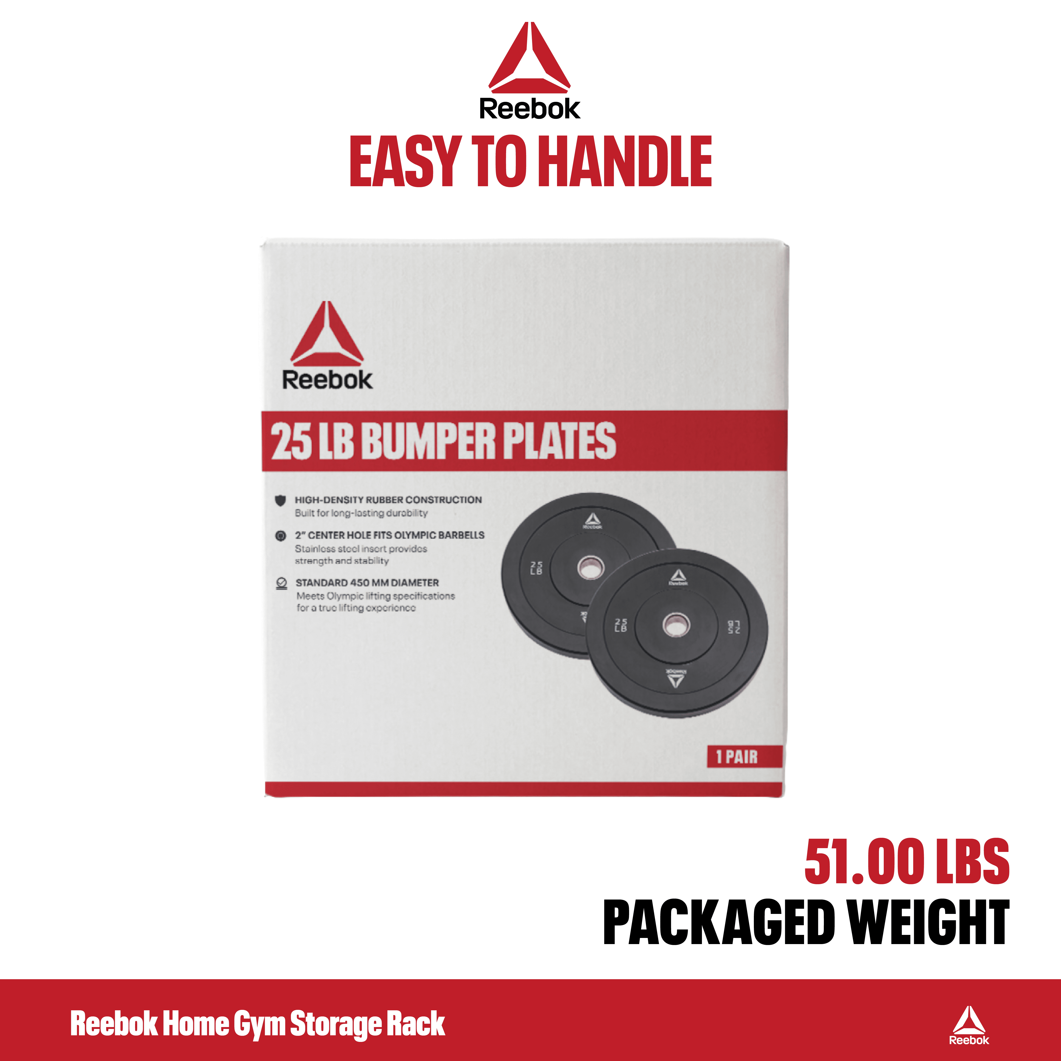 Reebok 25lb Olympic Rubber Bumper Plates (Set of 2) – Low-Bounce Plates for Strength Training
