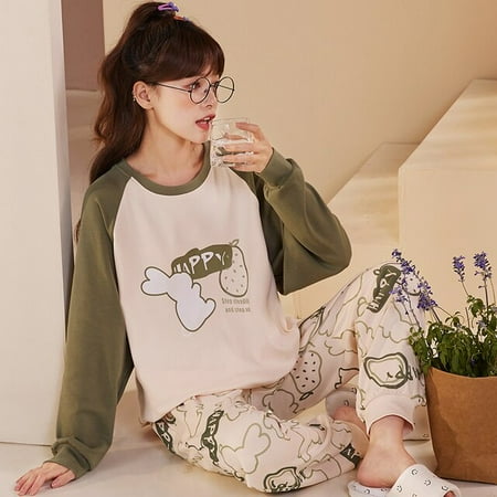 

DanceeMangoo New Long Sleeve Cotton Pajamas Set Young Style Women Sleepwear Autumn Lady Nightwear Casual Home Cloth Soft Comfortable Pyjamas