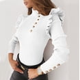 thumbnail image 4 of Pxiakgy blouses for women Autumn Winter Women Sweatshirt Long Sleeve Rib Blouse Turtleneck Buttons Ruffle Sweater Elegant Slim Top White + S, 4 of 8